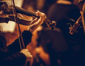 person playing in an orchestra. close up focus on violin 