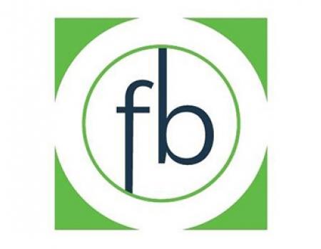 a logo: lower-case &quot;fb&quot; in thin, dark font centered in a white circle outlined with green.