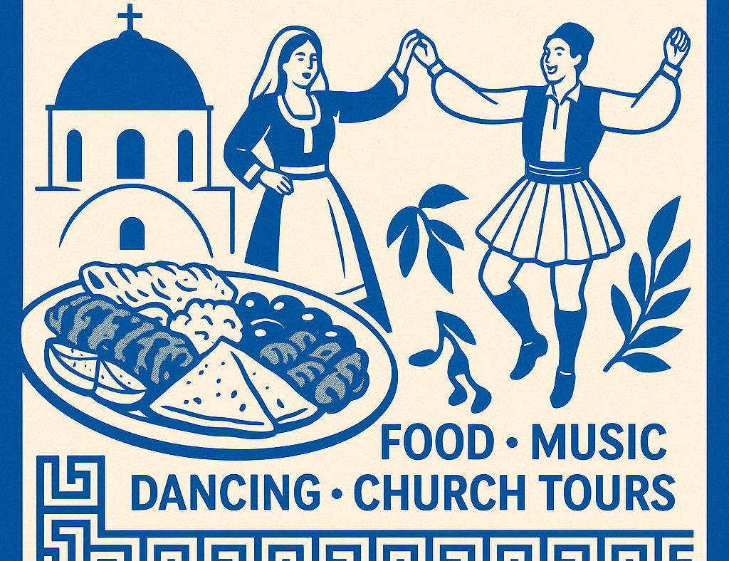 illustrated image of a man and woman dancing to celebrate a Greek festival